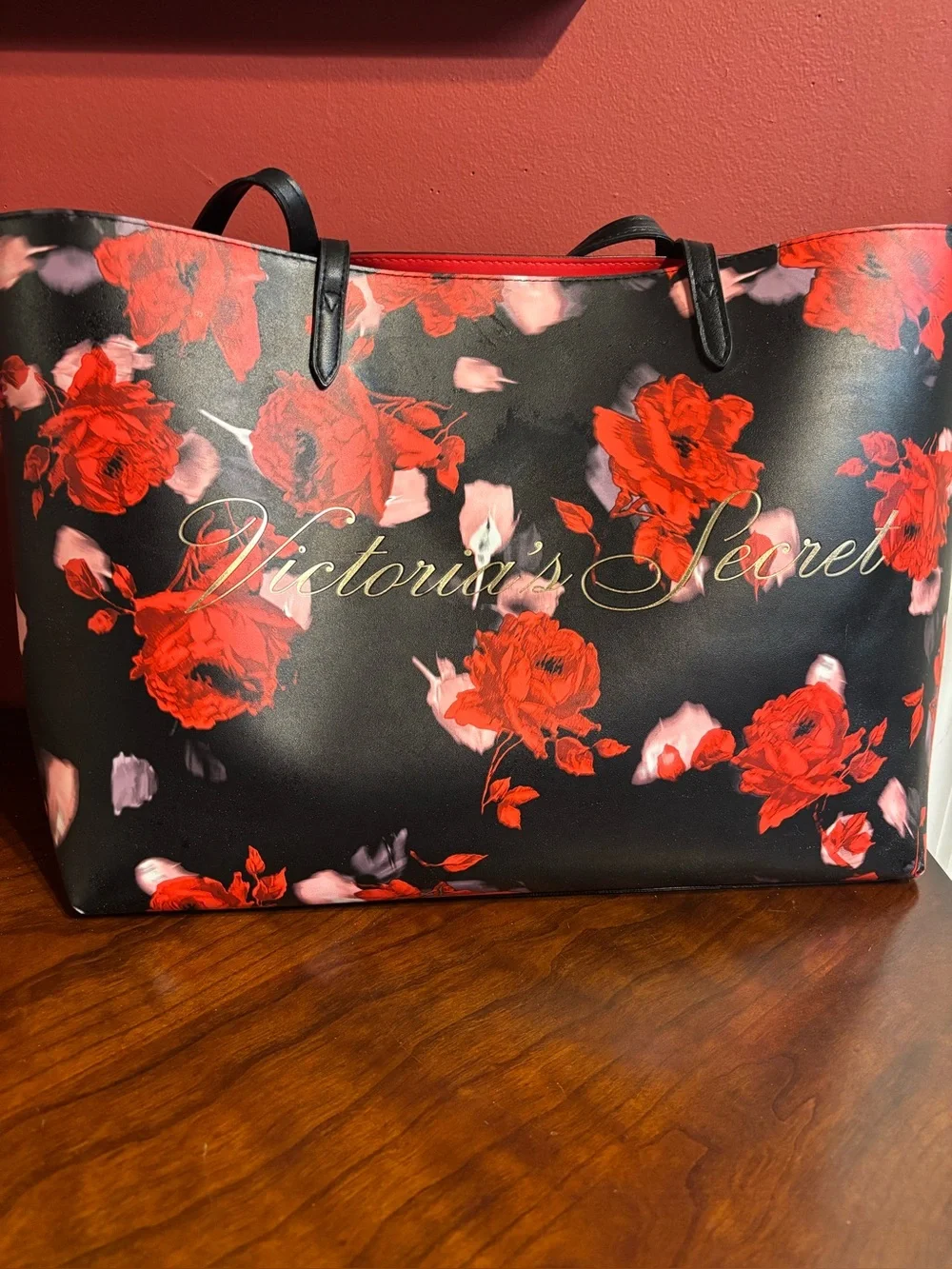 Victoria's Secret Black Tote, Overnight bag with Red Floral Print.🌹